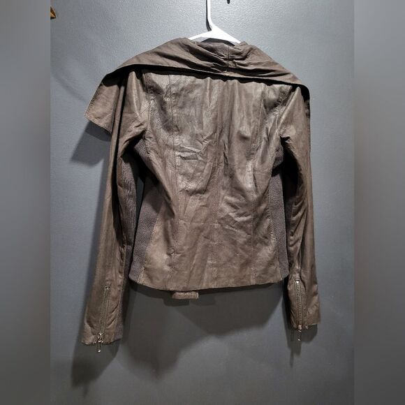 Vince Brown Leather Wool Cotton Blend Drape Neck Moto Jacket Sz S - Picture 5 of 12